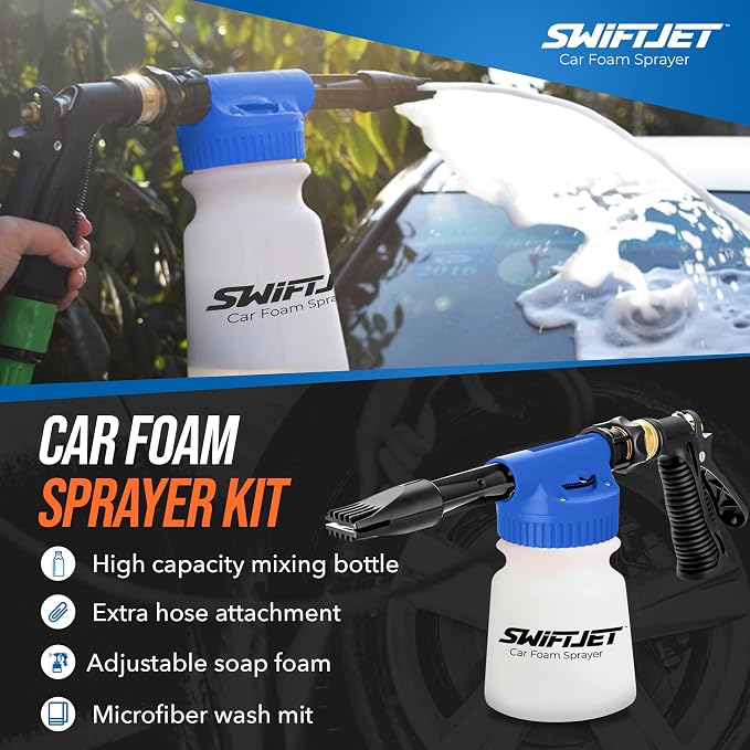 Car Wash Foam Gun + Microfiber Wash Mitt - Foam Cannon Works with Any Soap - Garden Hose Car Foam Sprayer - Car Wash Kit - Car Accessories Foam Blaster (Blue Foam Gun with Mitt)