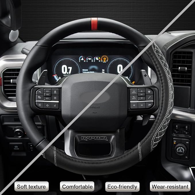 Customized Auto Car Steering Wheel Cover for Ford F-150, F-250, F-350, Expedition(Diamond Quilted - Black+Gray)