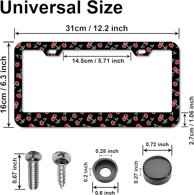 Cherry License Plate Frames，red Cherry Car Accessories for Women and Men ，Cute License Plate，Aluminum License Plate Frame Fits Standard US Vehicles Size 12.2 x 6 Inch (Black-Cherry)