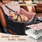 Elevated Dog Car Seat for Small/Medium Dogs up to 35 lbs, Memory Foam Booster Seat with Detachable Washable Cover, Travel-Safe Car Bed with Safety Belts & Storage Pockets, Pink