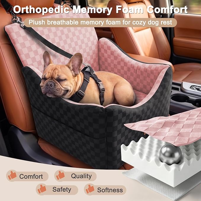 Elevated Dog Car Seat for Small/Medium Dogs up to 35 lbs, Memory Foam Booster Seat with Detachable Washable Cover, Travel-Safe Car Bed with Safety Belts & Storage Pockets, Pink