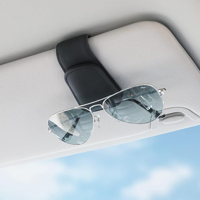 Sunglass Holder for Car Sun Visor, Magnetic Sunglasses Clip, Leather Glasses Eyeglass Holder and Ticket Card Clip, Auto Interior Accessories Universal for Car SUV Truck Pickup -Black
