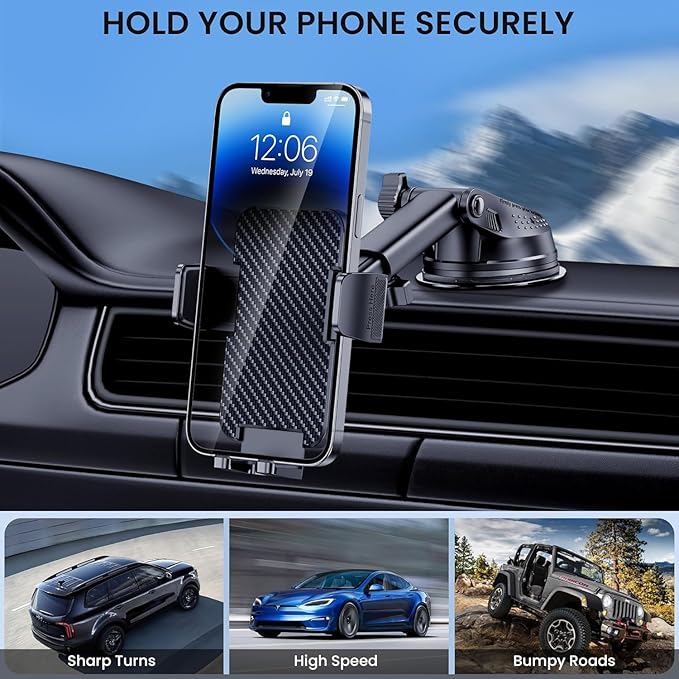Phone Holder Car [Military-Grade Suction] Universal Car Phone Holder [Thick Case Friendly] Automobile Accessories Dashboard Air Vent Windshield Phone Mount Fit for iPhone Android Smartphones