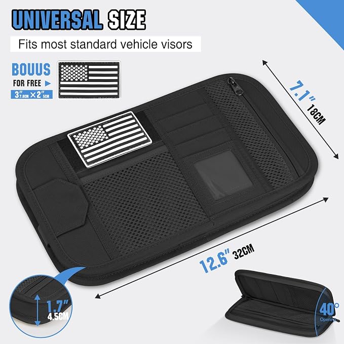 Car Sun Visor Organizer, Tactical Car Accessories with Zipper Storage Pouch, Glasses Clip Card Sleeve Pocket, Multi-Pocket Visor Organizer Fits Most Cars, SUVs, Trucks