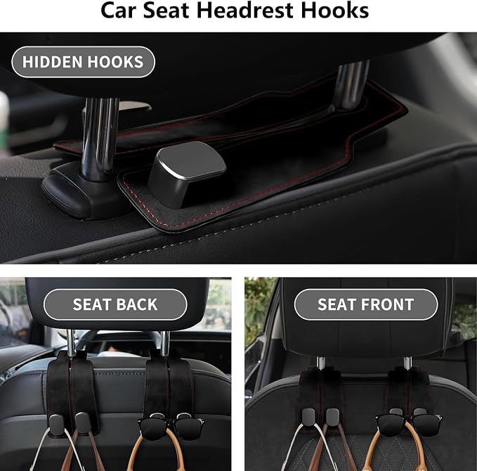 1 Pack Black Leather Car Headrest Hooks Purse Bag Storage Holders for Car Seats