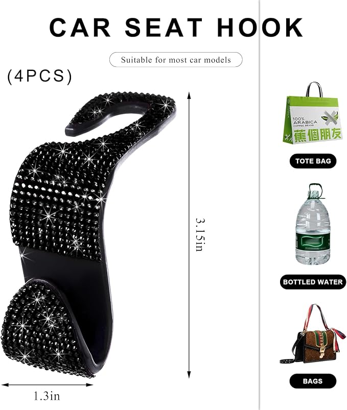 4 PCS Car Seat Headrest Hooks, Bling Crystal Rhinestone Back Seat Hanger Storage Organizer, Sparkly Seatback Holder Hooks for Purse and Bags Universal For Most Vehicles (Black)