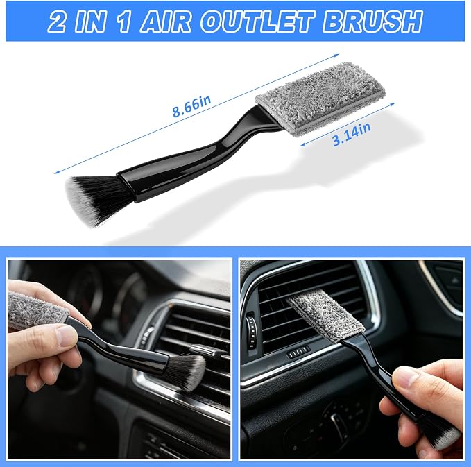 Car Interior Cleaning Kit - Windshield Cleaner Tool, 3 Graded Boar Brushes, Double Head AC Vent Shutter Brush, Towels, Duster, Car Interior Detailing Kit for RVs, Truck, Trailer