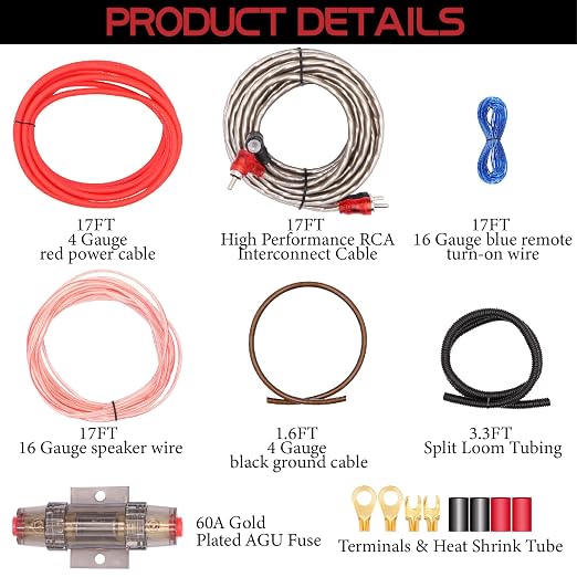 4 Gauge Amp Subwoofer Wiring Kit,Make Connections and Brings Power to Your Amplifier,Audio,Subwoofers and Speakers