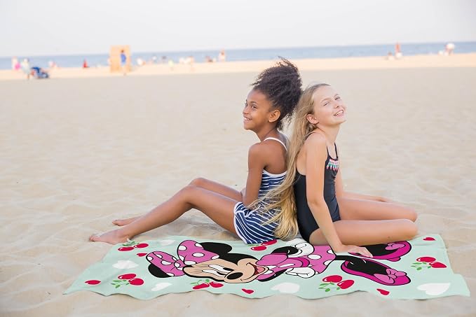Kids Beach Towel - 100% Cotton Super Soft Absorbent Bath Towel, 28" x 58" Inch Lightweight for Travel, Official Licensed Product, Green - Minnie Mouse