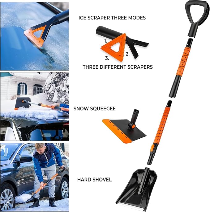 Extendable Snow Squeegee,Ice Scraper and Shovel 42" 5- Rotating Snow Squeegeee Head, 3-1 Extndable Ice Scraper,Shovel with Egonormic Handle Heavy Duty (2-Pack)