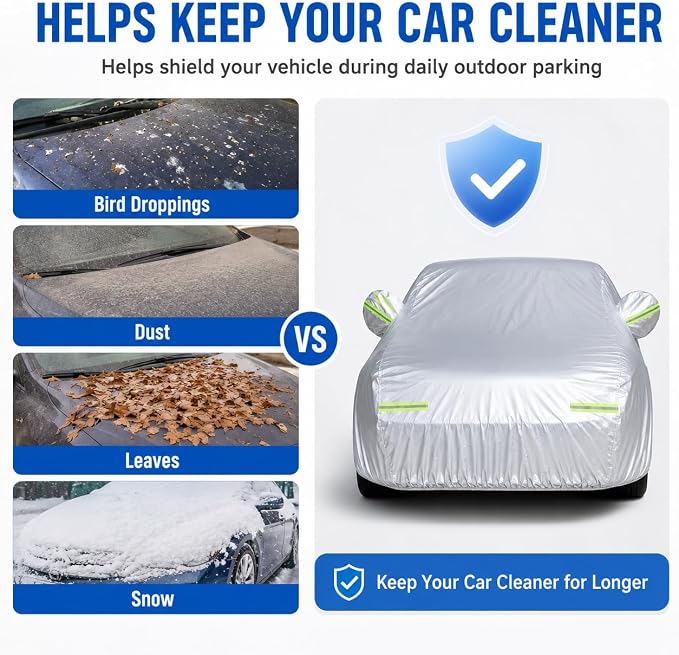 5-Layer Heavy Duty Car Cover for Sedans (185"L x 74"W x 60"H) | Waterproof Vinyl Outer,All-Weather Outdoor Indoor | Windproof Straps, Mirror Pockets, Door Zipper | UV Snow Rain Dust Protection