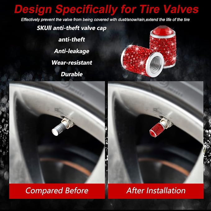 Car Wheel Tire Valve Caps, 4 PCS Bling Tire Valve Caps, Crystal Tire Caps Shinny Rhinestone for Women, Universal Car Dustproof Tire Valve Caps for Cars, Trucks, SUV and Motorcycles (Red)