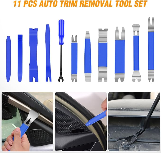 11PCS Trim Removal Tool Kit, Metal & Nylon Pry Tools Set for Car Door Panel, Dashboard, Audio, Clips, Fastener Remover w/Storage Box – Blue