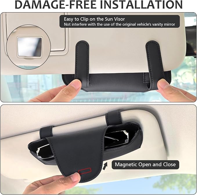 Sunglasses Holder for Car Sun Visor, Vehicle Sun Visor Sunglass Holders Glasses Case with Magnetic Closure, Universal Leather Auto Eyeglasses Organizer Car Accessories, No Obstruction of Vision