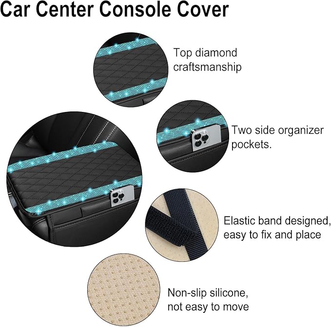Bling Car Center Console Cover, Leather Car Arm Rest Cover Cushion with 2 Storage Bags, Universal Auto Armrest Protector Storage Box, Bling Accessories Interior for Most Vehicles (Aquamarine)