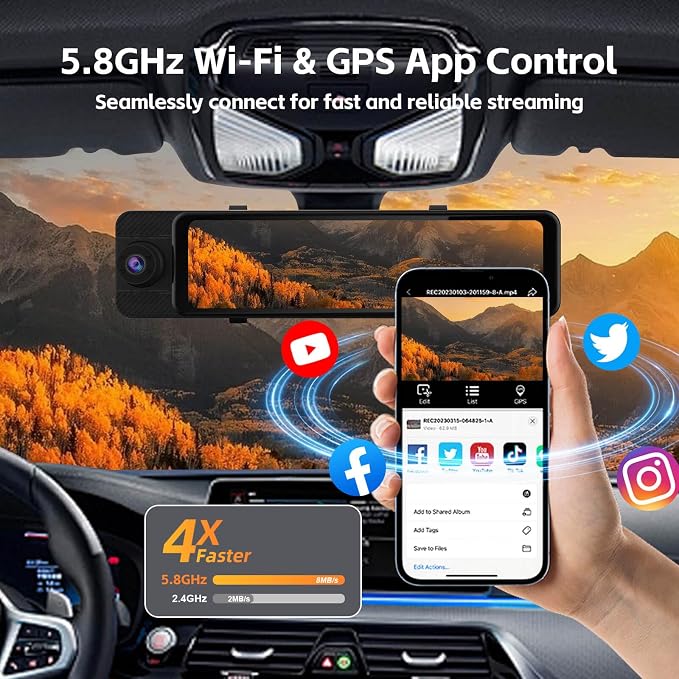 3 Channel Rear View Mirror Camera, 4K+1080P+1080P Front Inside and Rear Car Camera, 12" Touch Screen Backup Camera with 5GHz WiFi GPS, 24H Parking Mode, HDR Night Vision, G Sensor, Free 64G Card