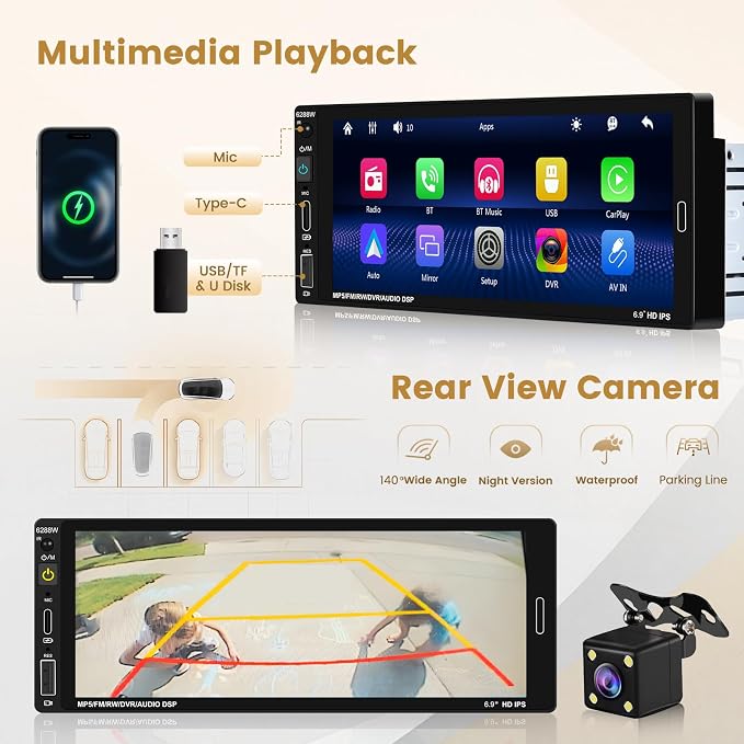 6.9 Inch Single Din Car Stereo Wireless Carplay Touchscreen Car Radio Wireless Android Auto, Bluetooth 5.0, Mirror Link, Backup Camera, EQ/FM Audio Receivcer 1DIN with USB/Type-C, SWC, Mic