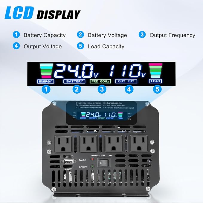 3000 Watt Power Inverter 24V to 110V 120V DC to AC with 4 AC Outlets, LCD Display, USB Port & Remote Control for Home, RV, Vehicle, Truck, Off-Grid Solar System, Heavy Duty Outdoor Camping