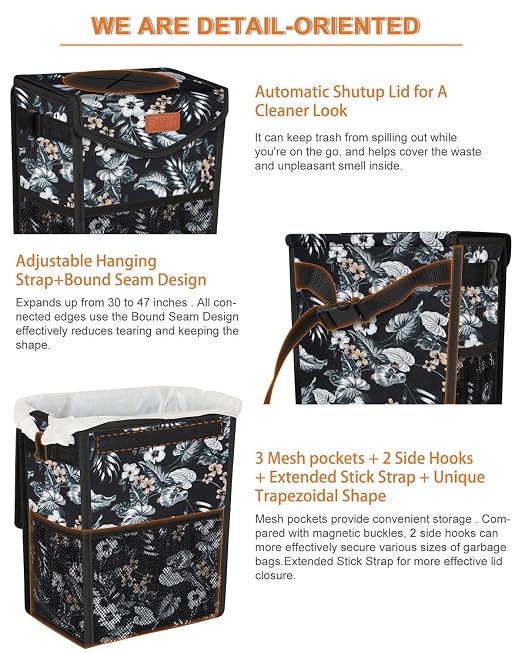Car Trash Can with Lid, Cute Leakproof Car Trash Garbage Bag Hanging Vehicle Trash Bin Small Portable Automotive Garbage Cans Organizer for Back/Front Seat(Trapezoid,Black with Lily Print)