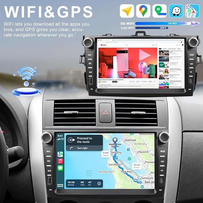 Upgrade Android Car Radio Stereo for Toyota Corolla 2009 2010 2011 2012 2013, 8 Inch Touch Screen Head Unit with Wireless Carplay Android Auto GPS Navigation FM Bluetooth 5G WiFi SWC HD Backup Camera
