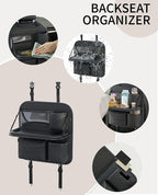 PU Leather Backseat Car Organizer with Foldable Tray & Tablet Holder, Luxury Diamond Stitching Design, Universal Car Seat Storage Organizer for Kids & Family Travel Accessories, Black