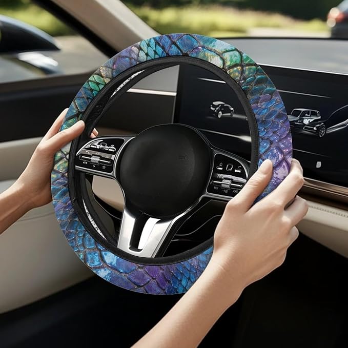 Auto Steering Wheel Covers Comfort Anti-Slip Safety Stretch-on 14-15 inch, Colorful Snake Skin Easy Fix Machine Washable Steering Wheel Protection
