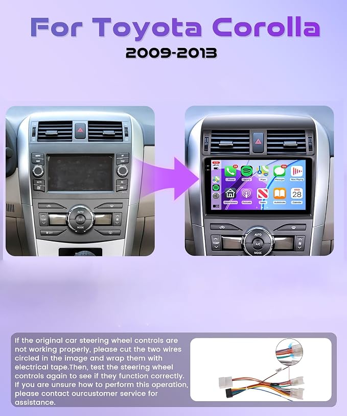 4G+64G Carplay Radio for Toyota Corolla 2009 2010 2011 2012 2013, Android 15 Car Stereo Android auto GPS WiFi 9’’ Touch Screen BT/FM Mirror Link RCA USB SWC Backup Camera