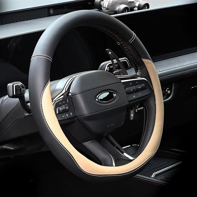 Microfiber Leather Steering Wheel Cover Large-Size for F150 F250 F350 Ram 4Runner Tacoma Tundra Range Rover Model S X with 15 1/2 inches-16 inches Outer Diameter Beige