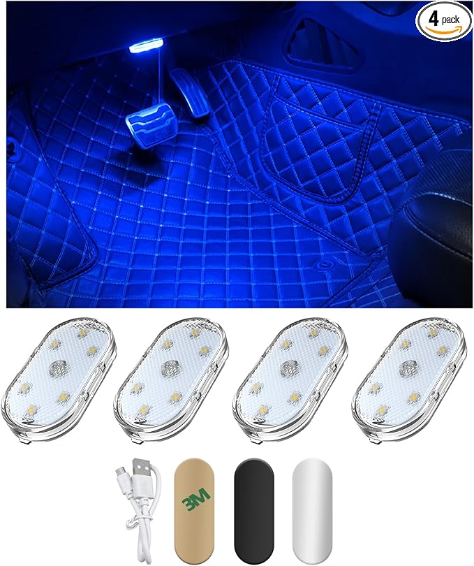 4 PCS Wireless Led Lights for Car Interior, 7 Colors Magnetic Auto Ambient Light with 6 Bright LED Lamp Beads, USB Rechargeable Vehicle Led Night Light, Car Accessories (Blue)