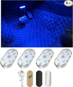 4 PCS Wireless Led Lights for Car Interior, 7 Colors Magnetic Auto Ambient Light with 6 Bright LED Lamp Beads, USB Rechargeable Vehicle Led Night Light, Car Accessories (Blue)