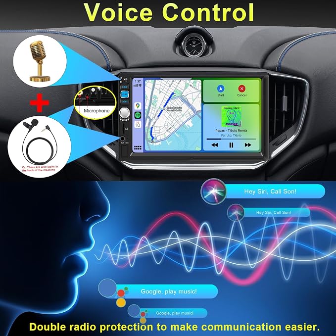 Double Din Car Stereo with 7" IPS Touchscreen, Wireless Apple Carplay & Android Auto, Bluetooth, 180W, Backup Camera, Subwoofer Output, Mirror Link, MIC, Car Radio Receiver