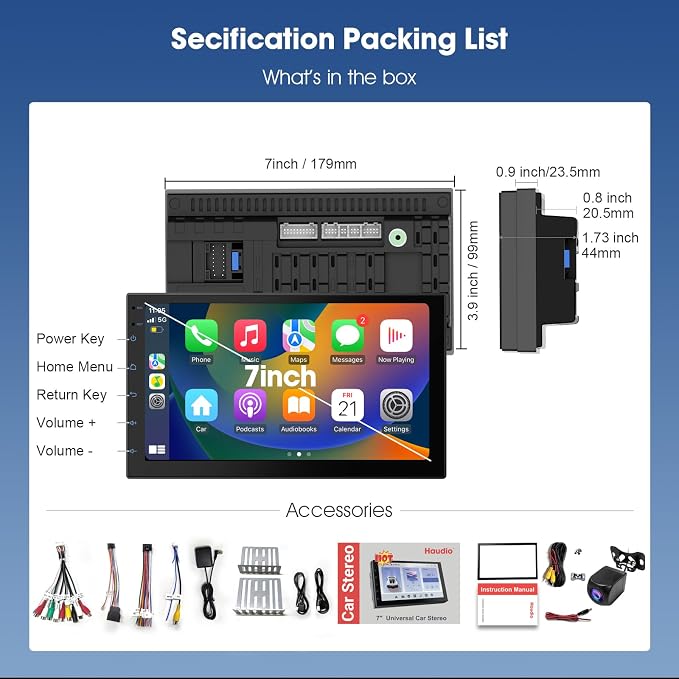 Wireless CarPlay Screen for Car & Android Auto Head Unit - Touchscreen 7 Inch Double Din Car Stereo with Backup Camera for All Cars (2+64GB)
