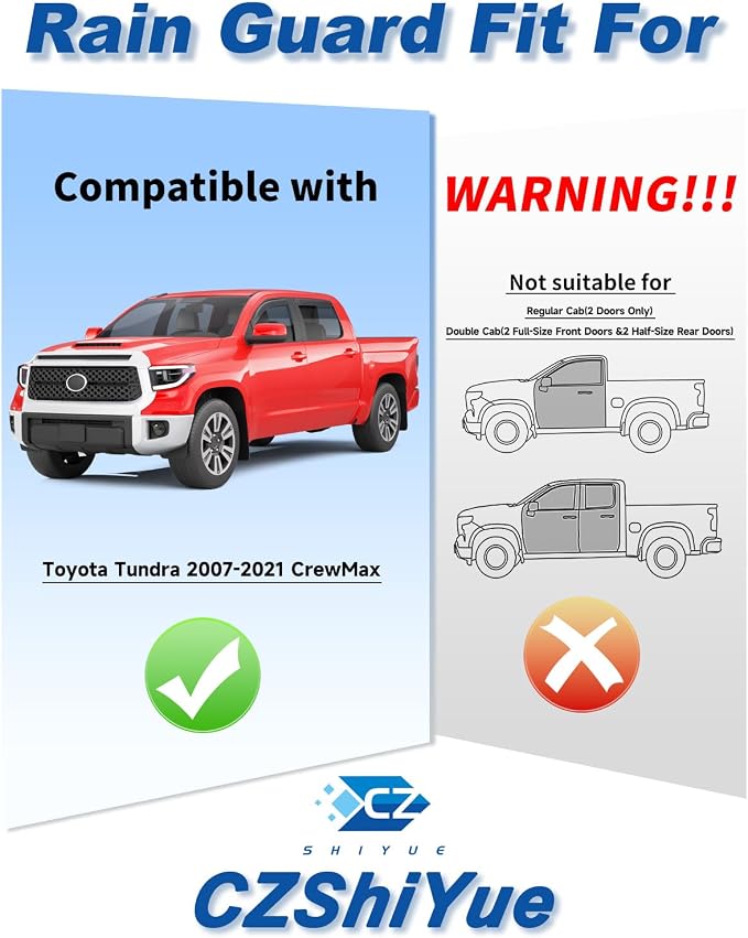 in-Channel Window Rain Guards Fit for Toyota Tundra CrewMax 2007-2021 Rain Guard Extra Durable Truck Window Deflectors Side Window Vent Visors Vent Shades Exterior Car Accessories-4pcs