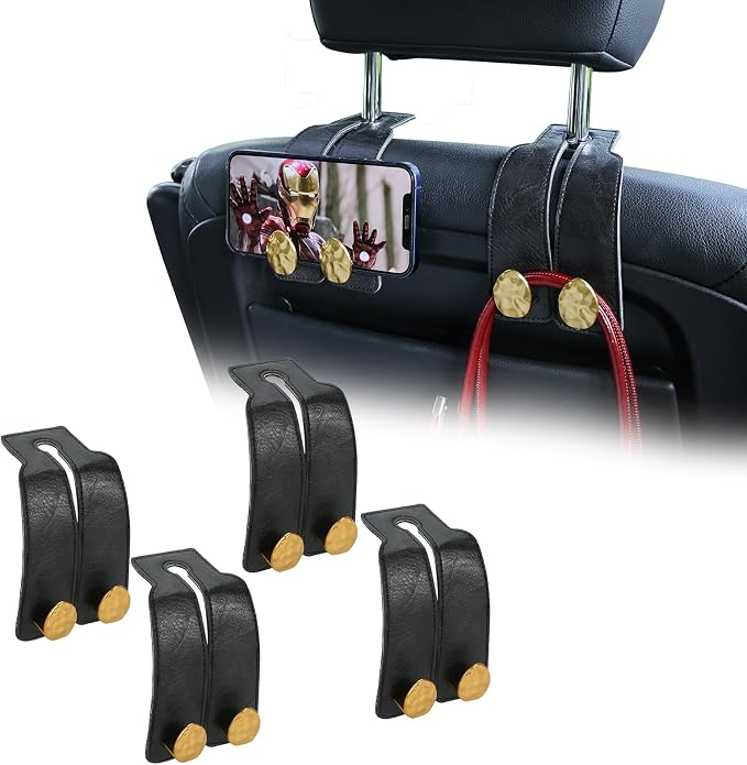 4 PCS Leather Car Seat Hooks for Headrest, Vehicle Hanger Storage Organizer Universal for Handbag Purse, Car Accessories Gift (Black-Gold-4 PCS)