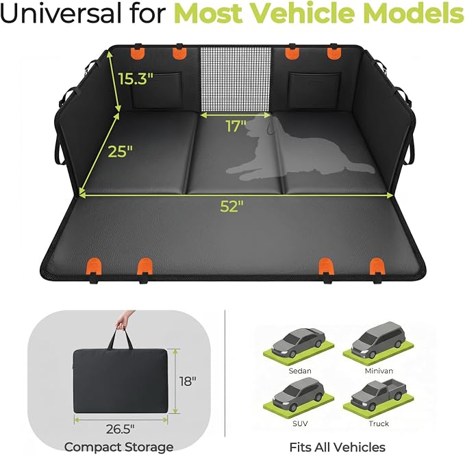 Back Seat Extender for Dogs, Hard Bottom Dog Car Seat Cover for Back Seat, Upgraded Waterproof PU Leather, Easy to Clean, Anti-Scratch & Durable Dog Hammock for Car and SUV, Holds 400lbs, Black