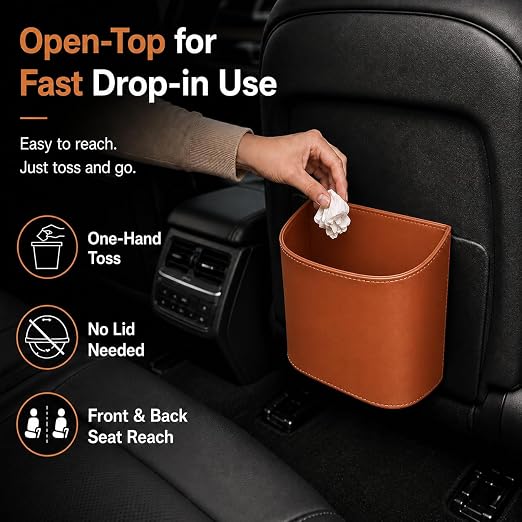 Leather Car Trash Can – Leakproof & Easy-to-Clean Car Trash Bin for Luxury Cars, SUVs & Trucks | Includes 60 Custom Liners, Secure Hook, Easy Install, Brown
