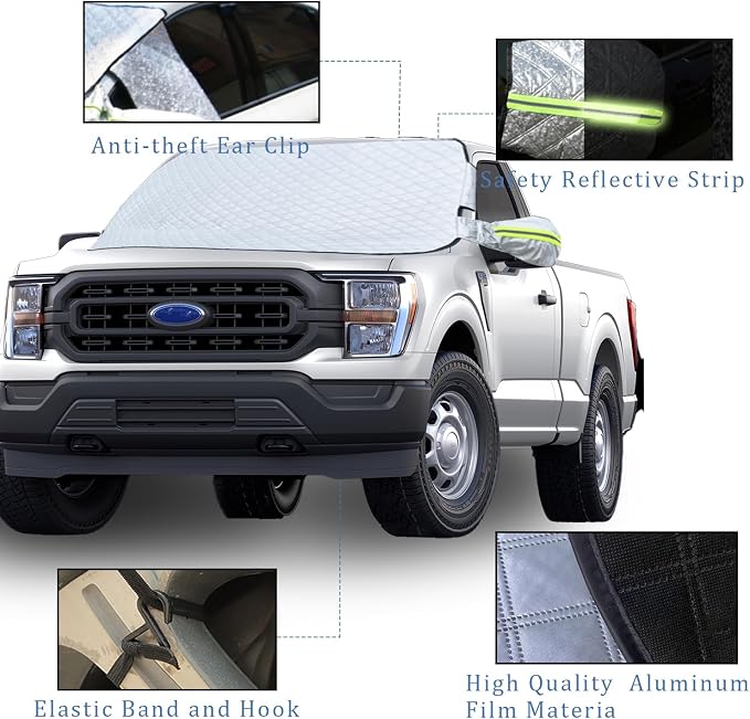 Car Windshield Snow Ice Cover with Side Mirror and Hook,Magnetic Windshield Cover for Ice and Snow,Car Windshield Sun Shade Foldable,Fit for Large SUV/Pickup/Truck/MPV(Silver-65 x49)