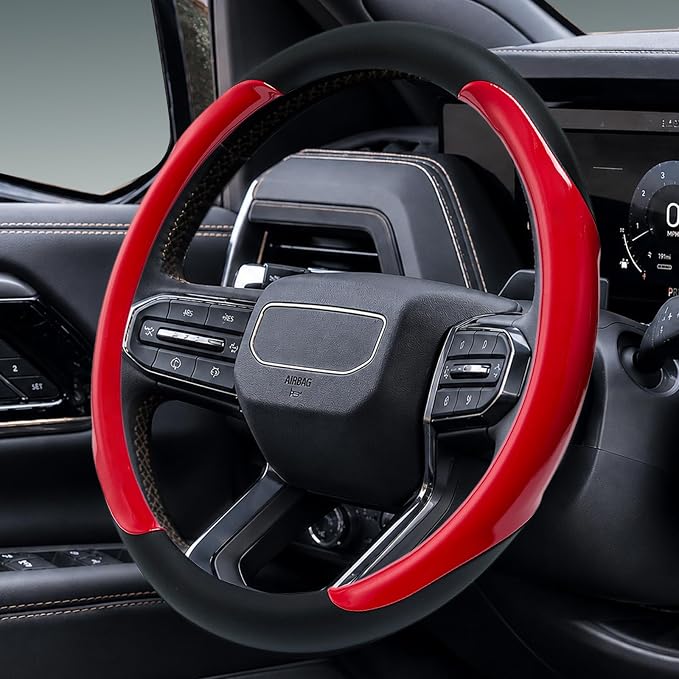 Leather Steering Wheel Cover for Chevy Silverado 1500 2500 3500, 14.5-15 inches Car Steering Wheel Cover with Non-Slip Breathable (Bright Red)