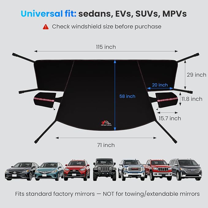 600D Windshield Snow Cover with Side Mirror Covers & Reflective Strips – Extended Flaps, Winter Frost Protector (70×57 inch) for Cars, Trucks, SUVs