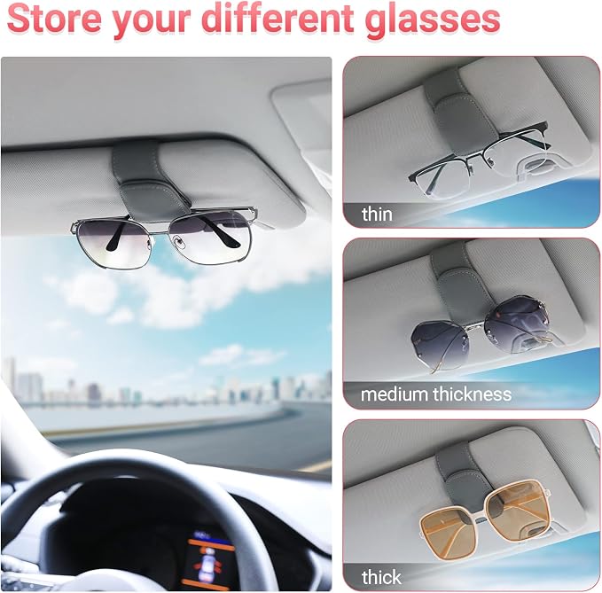 Sunglass Holder for Car Visor Sunglasses Clip Magnetic Leather Glasses Eyeglass Holder Auto Interior Accessories Universal for SUV Pickup Truck -Gray