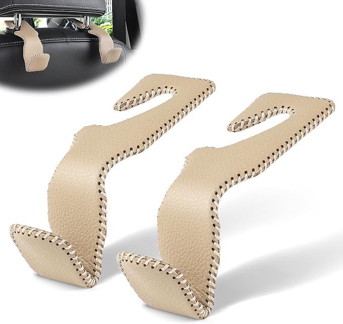 Beige Superior Leather Car Seat Back Headrest Hook, Auto Seat Hook Hangers Interior Accessories for Purse Coats Umbrellas Grocery Bags Handbag, 2-Pack