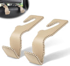 Beige Superior Leather Car Seat Back Headrest Hook, Auto Seat Hook Hangers Interior Accessories for Purse Coats Umbrellas Grocery Bags Handbag, 2-Pack