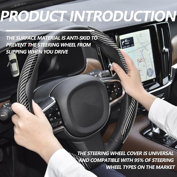 2pcs Universal Fit Carbon Fiber Steering Wheel Cover, Anti-Skid Steering Wheel Cover/Segmented Steering Wheel Protector/Car Interior Accessories (Bright Black)