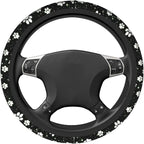 Paw Print Steering Wheel Cover - 15 Inch Black White Dog Paw Steering Wheel Cover Anti-Slip Breathable Universal 2 Pcs Car Interior Cup Holder Pad for Men Women
