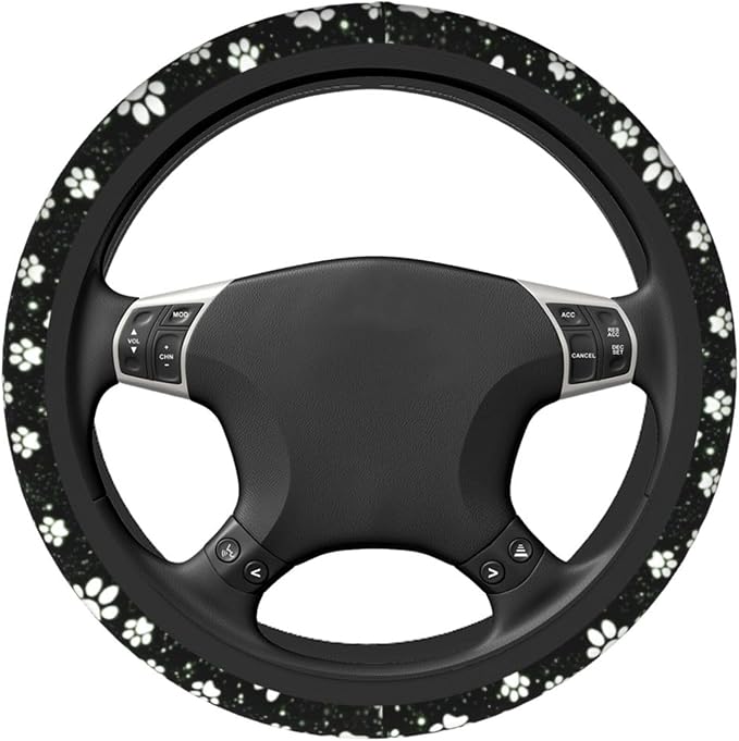 Paw Print Steering Wheel Cover - 15 Inch Black White Dog Paw Steering Wheel Cover Anti-Slip Breathable Universal 2 Pcs Car Interior Cup Holder Pad for Men Women