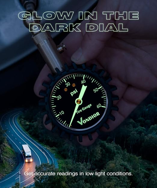 Tire Pressure Gauge - (0-60 PSI) Heavy Duty, Certified ANSI Accurate with Large 2 Inch Easy to Read Glow Dial, Low - High Air Pressure Gauge. Tire Gauge for Car and Trucks Tires by