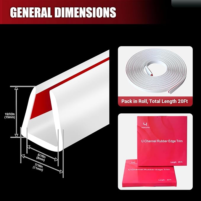Rubber Edge Trim, Flexible Baby Proof Edge Trim for Sharp Edge, 5/16"(8.0mm) U Channel Edge Protector, Self-Adhesive Edge Guards for Plywood, Glass, Flexi-Glass, 20Ft, White, Silicone Material