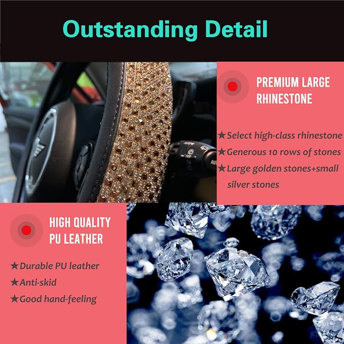 Bling Bling Comfy Steering Wheel Cover with Jumbo Crystal Rhinestones, Anti-Slip Diamond Leather Car Steer Cover (Gold)