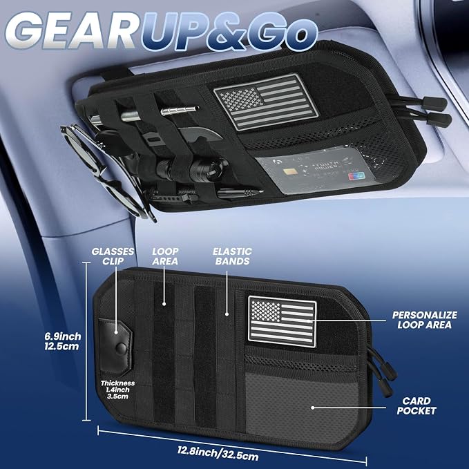 LEPHYON Molle Visor Organizer for Car, 1000D Polyester Tactical Panel Sun Glasses Holder with Zipper Pockets, Adjustable Straps for SUV Truck Pickup Patrol Car Storage (Black)