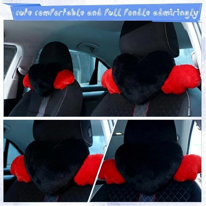2 Pcs Plush Heart Shaped Pillow with Angel Wings Car Headrest Soft Comfortable Seat Pillow for Driving Travelling Room Office Car Decor, 19.7 x 8.3 Inch(Black, Red)